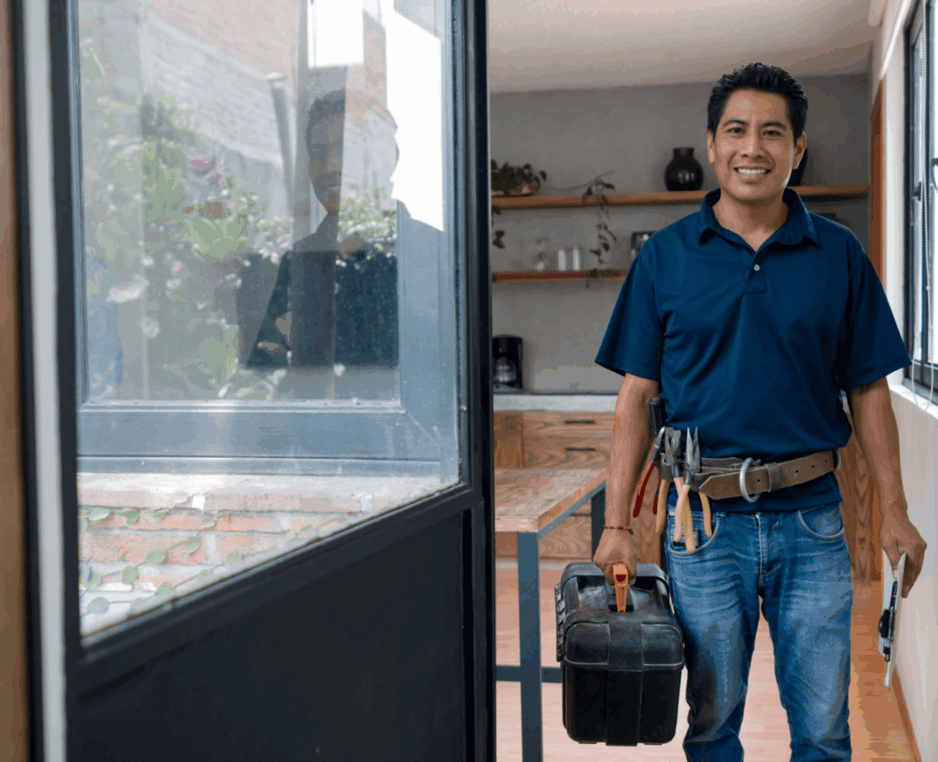 Man with toolbox entering a room.